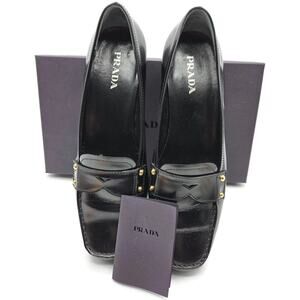 Prada Black Leather Loafer 1D9558 Gold Studs Flats Square Toe Womens Size EU 39